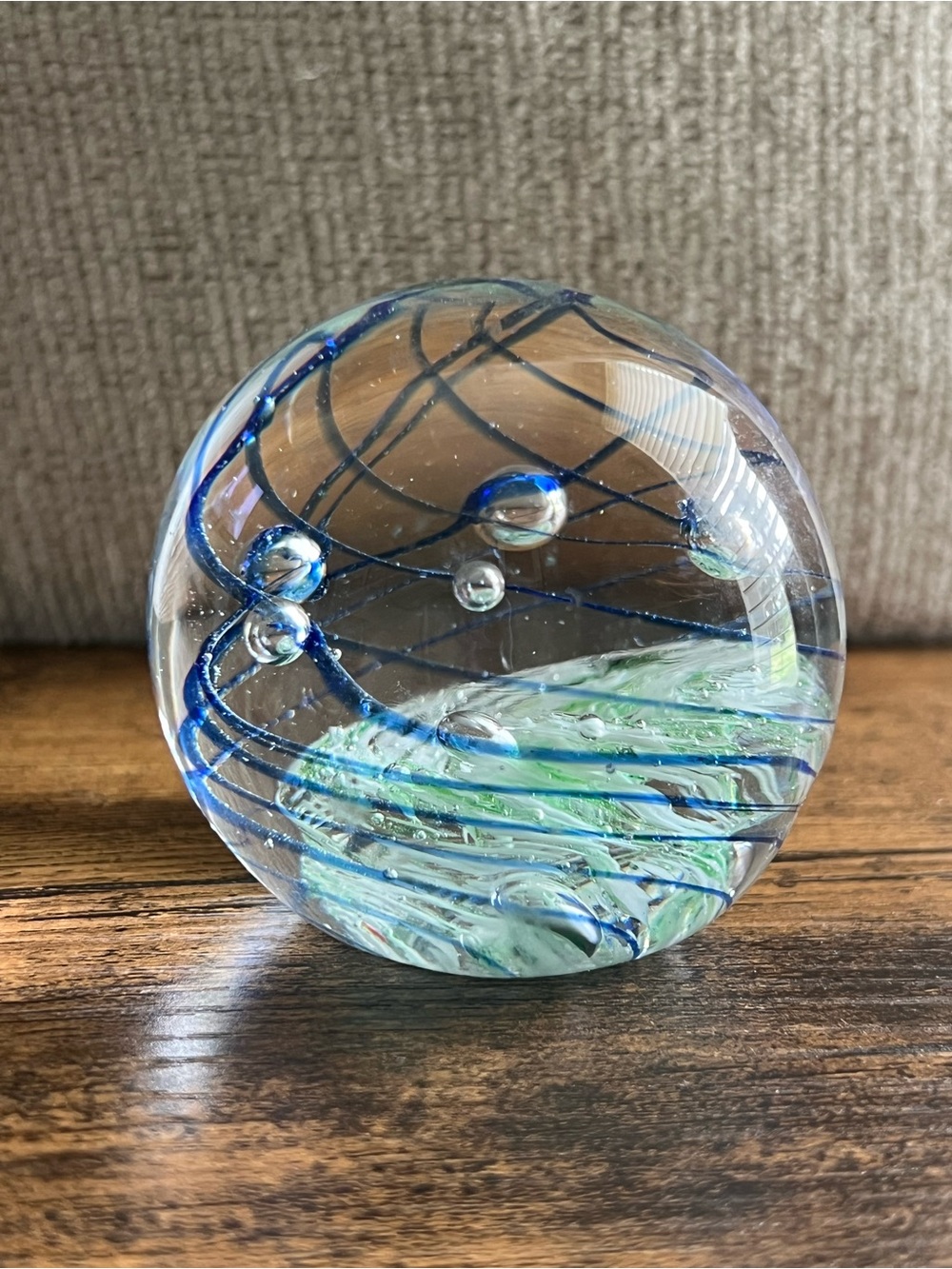 Vintage K’s Collection Art Glass paperweight Blue and Green Swirl 3”